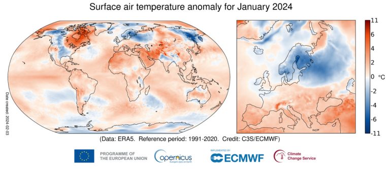 Январь 2024 года завершится с температурой +1,66°C.