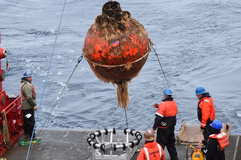Recovery of flanking mooring sphere after one year in the ocean