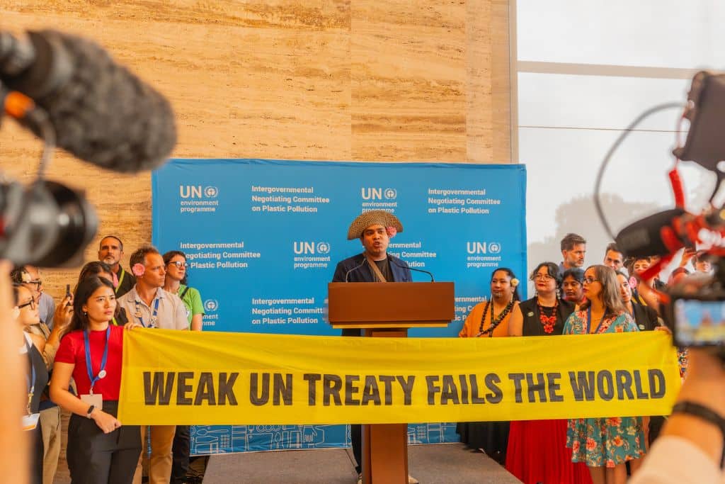 Press conference at the second part of the fifth session of the Intergovernmental Negotiating Committee on plastic pollution, including in the marine environment (INC-5.2) in Geneva, Switzerland.