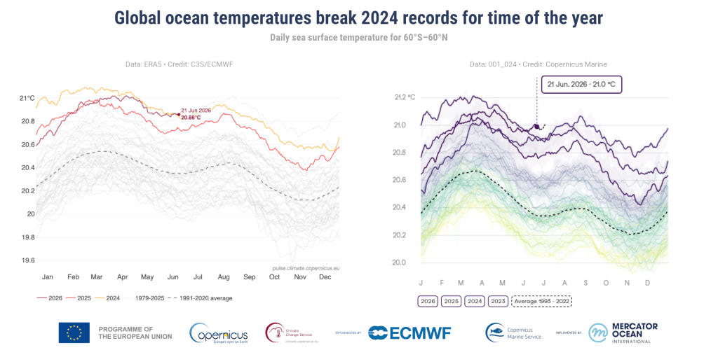 Global sea surface temperatures reached a record high for June in the extra-polar region, surpassing the previous record set in June 2024.