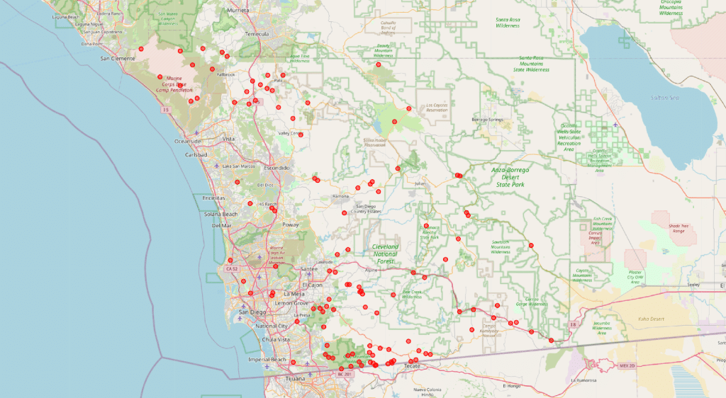 Figure 1: Map of wildfire occurrences in San Diego County between 2019 and 2025. Data: Cal Fire.